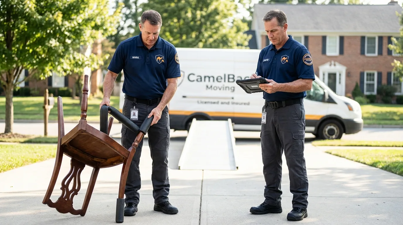 Movers inspecting furniture for damage prevention before loading in Saint Francisville, LA