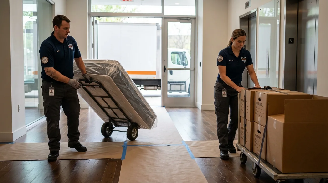 Professional apartment movers loading elevator in Saint Francisville, LA