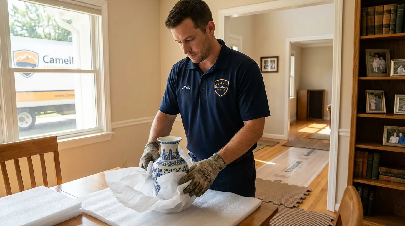 Professional crew carefully wrapping antique vase for senior downsizing move in Saint Francisville, LA